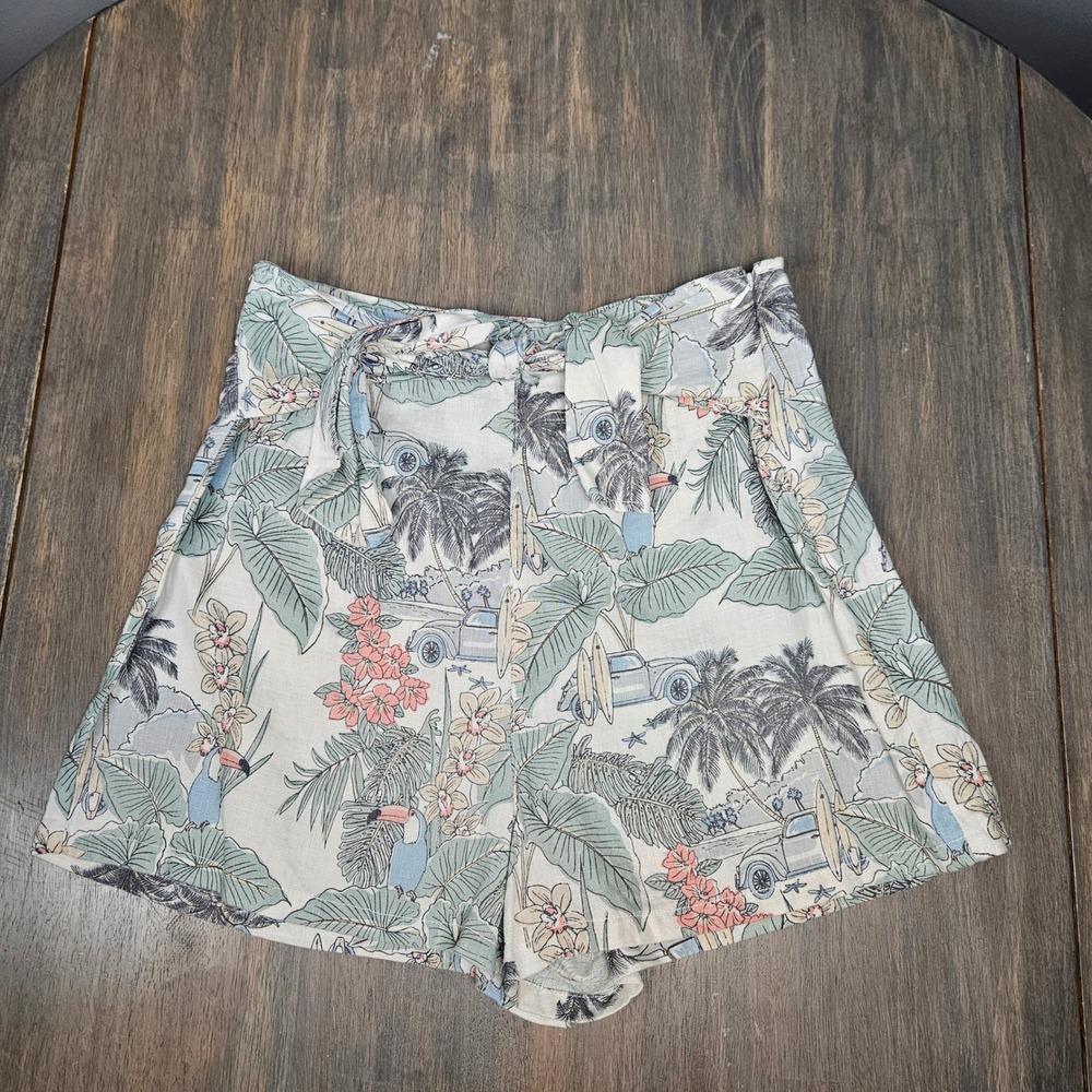 Artisan NY Womens 6 Linen Shorts Tropical Toucan Surf Print High Waist White